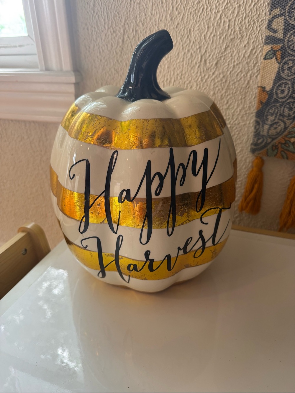 Happy Harvest Gold & White Decorative Pumpkin